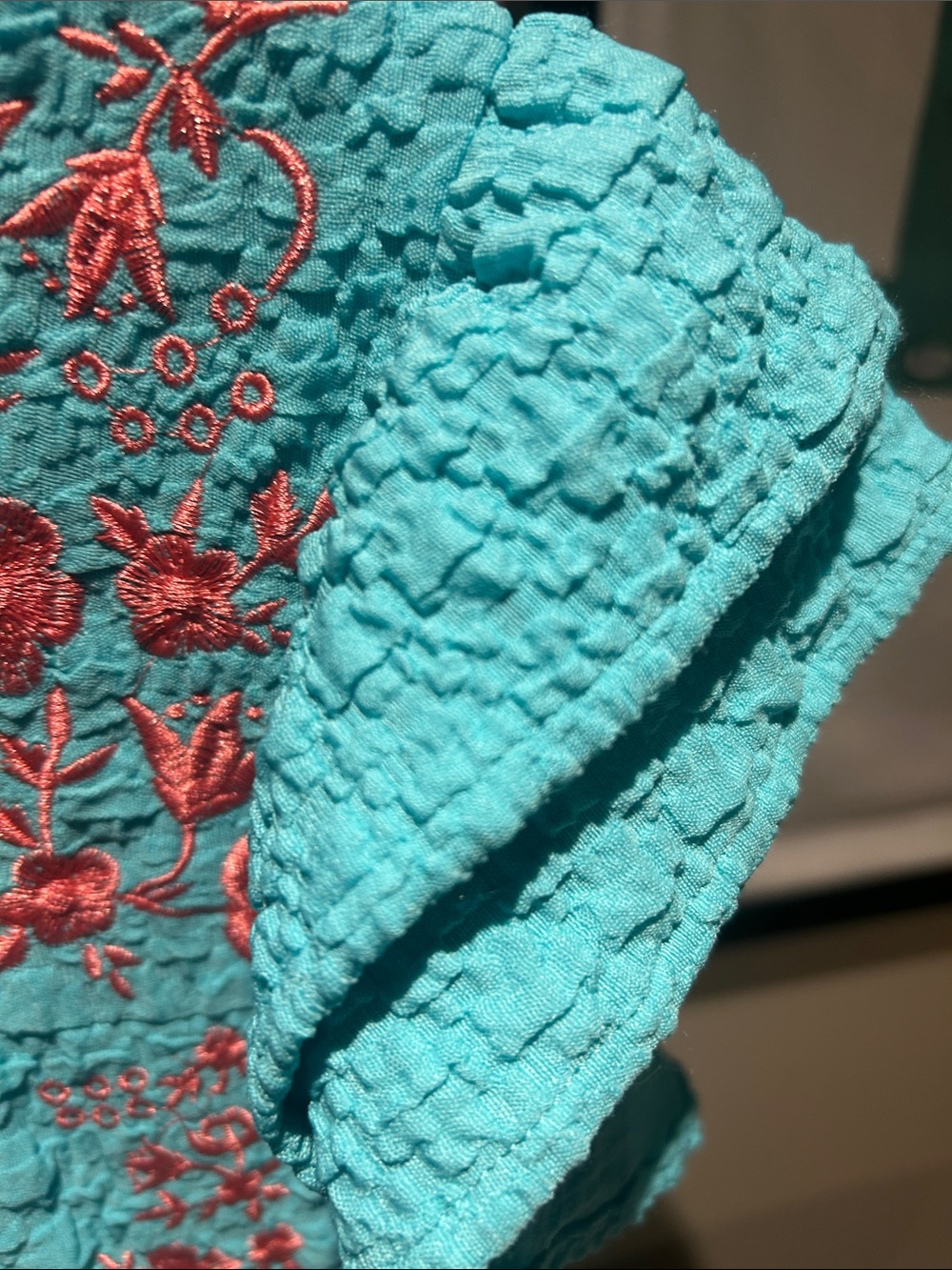 Hailey and Co Textured Embroidered Aqua Cotton Dress with Pink Floral Detail - Picture 3 of 4